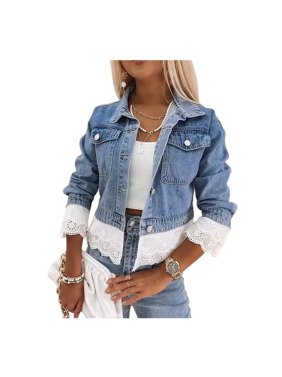 Women’s Lace Trim Denim Jacket Long Sleeve Layered Ruffle Hem Button Casual Coat