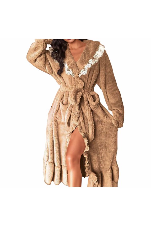 Women's Lace Trim Flannel Robe Fuzzy Fleece Cute Ruffle Nightgown Warm Winter Plush Loungewear Bathrobe with Pockets