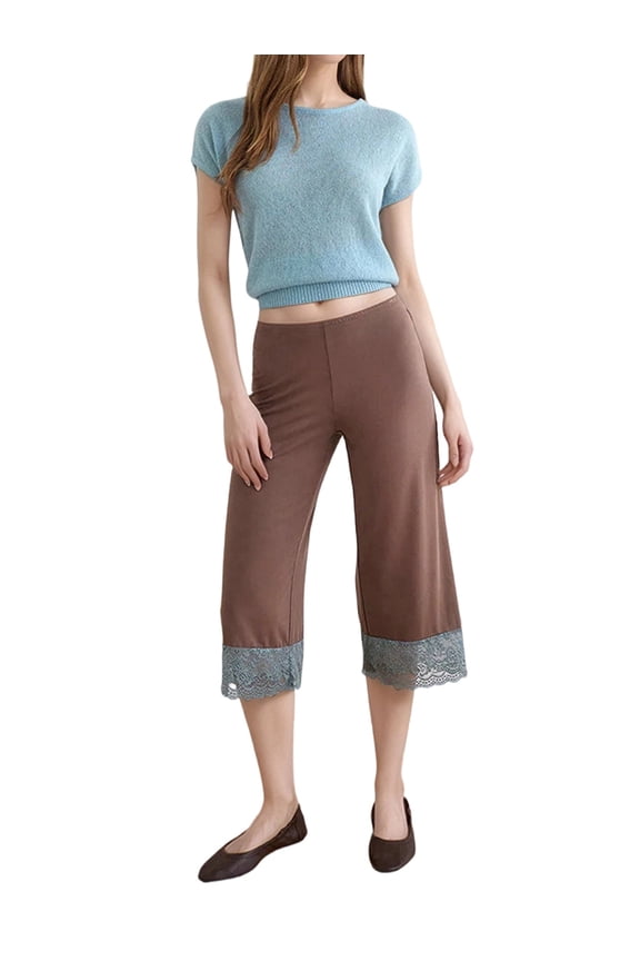 Women's Lace Trim High Waist Casual Cropped Wide Leg Pants Light Brown M