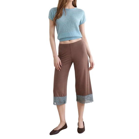 Women's Lace Trim High Waist Casual Cropped Wide Leg Pants Light Brown S