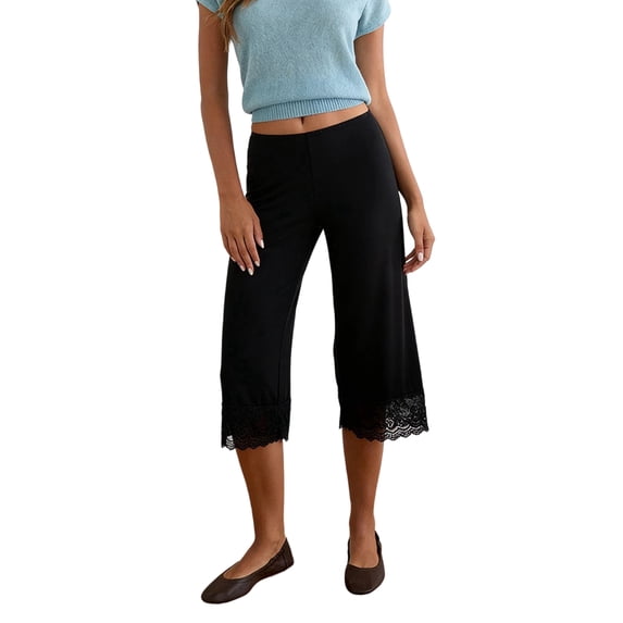 Women's Lace Trim High Waist Casual Cropped Wide Leg Pants