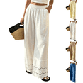 thumbnail image 1 of Women's Lace Trim Linen Palazzo Pants 2026 Elastic Waist Pull On Wide Leg Flowy Beach Vacation Pants White 3XL, 1 of 7