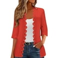 thumbnail image 1 of Women's Lace Trim Open Front Cardigans - Solid Color Lightweight 3/4 Sleeve Pleated Tops Summer Fall Outerwear (2XL, Red), 1 of 6
