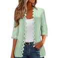 thumbnail image 1 of Women's Lace Trim Open Front Cardigans - Solid Color Lightweight 3/4 Sleeve Pleated Tops Summer Fall Outerwear (L, Green), 1 of 6