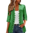 thumbnail image 1 of Women's Lace Trim Open Front Cardigans - Solid Color Lightweight 3/4 Sleeve Pleated Tops Summer Fall Outerwear (XL, Army Green), 1 of 6