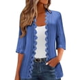 thumbnail image 1 of Women's Lace Trim Open Front Cardigans - Solid Color Lightweight 3/4 Sleeve Pleated Tops Summer Fall Outerwear (XL, Blue), 1 of 6