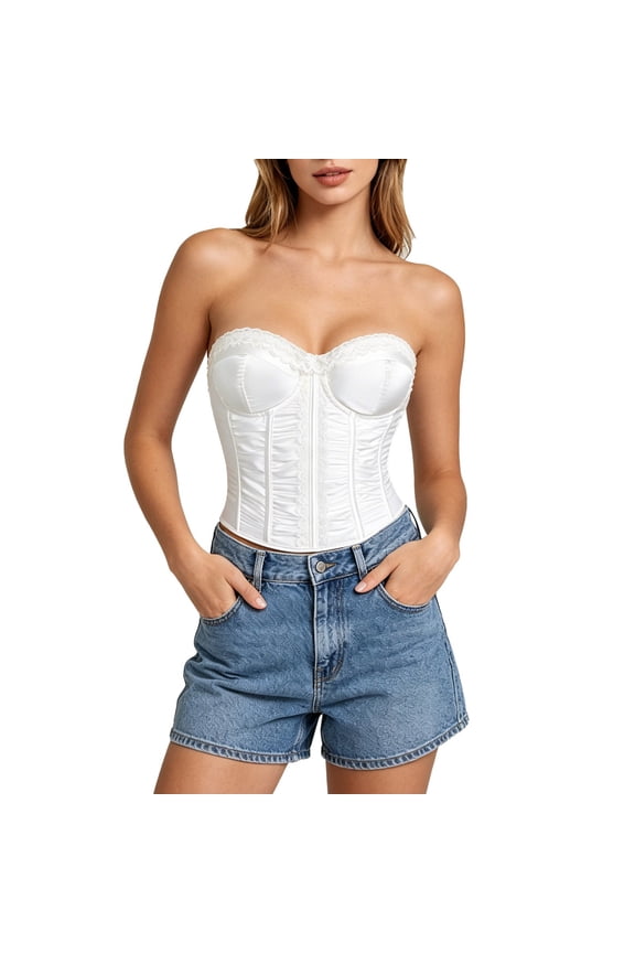 Women's Lace Trim Padded Fishbone Bra Back Strap Corset Style Bustier for Shaping and Support