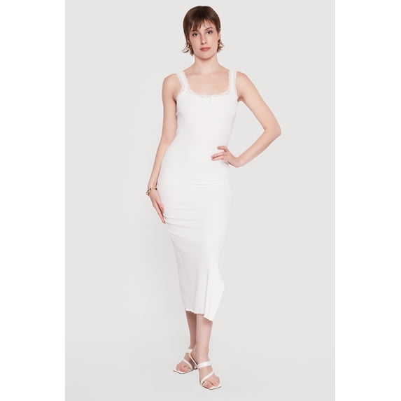 Women's Lace Trim Ribbed Knit Midi Dress with Side Slit