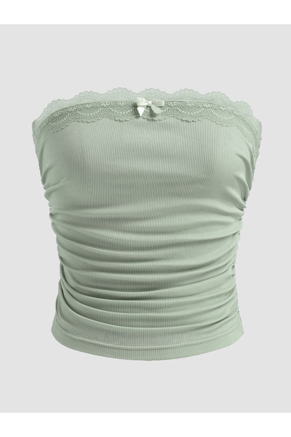 Women's Lace Trim Ruched Tube Top Strapless Ribbed Bow Front Solid Crop Summer Going Out Top