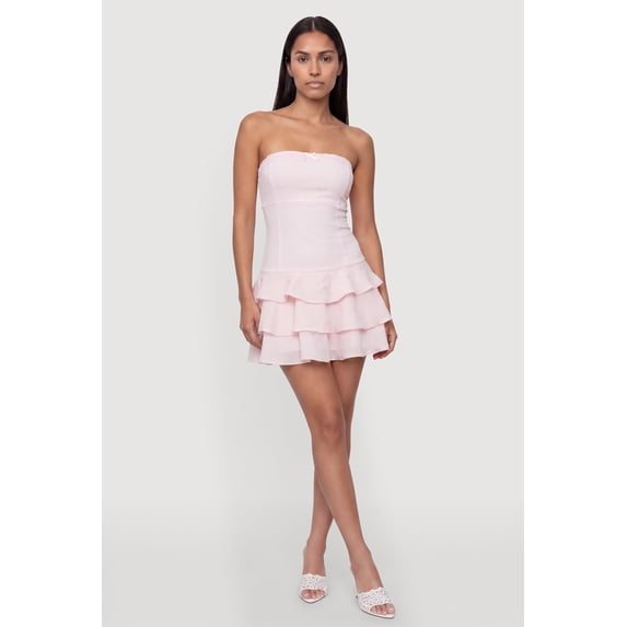 Women's Lace Trim Ruffle Tiered Strapless Mini Dress