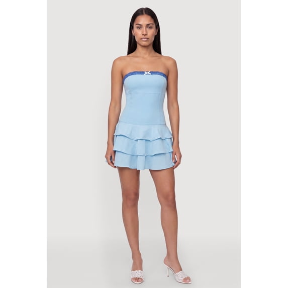 Women's Lace Trim Ruffle Tiered Strapless Mini Dress