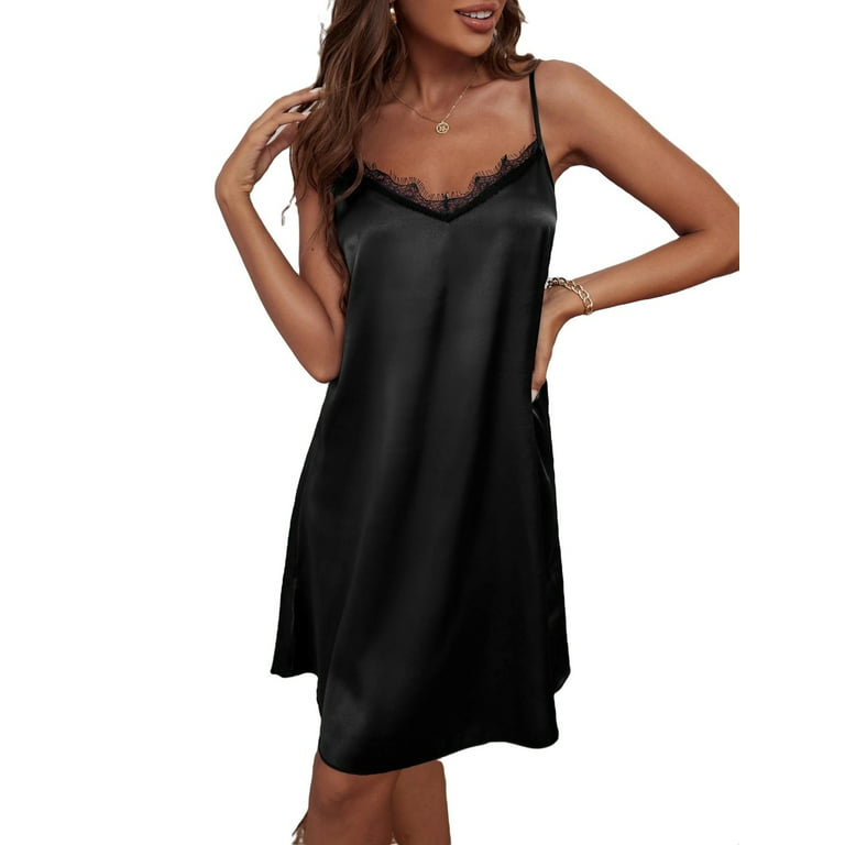 Lace Panel O-ring Cut Out Satin Cami Nightdress
