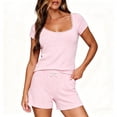 thumbnail image 1 of Women's Lace Trim Square Neck Knit Short Sleeve Top Shorts Set,Bow Detail Two-Piece Loungewear Pajama Set,Soft Lightweight Casual Sleepwear for Women Pink L, 1 of 5