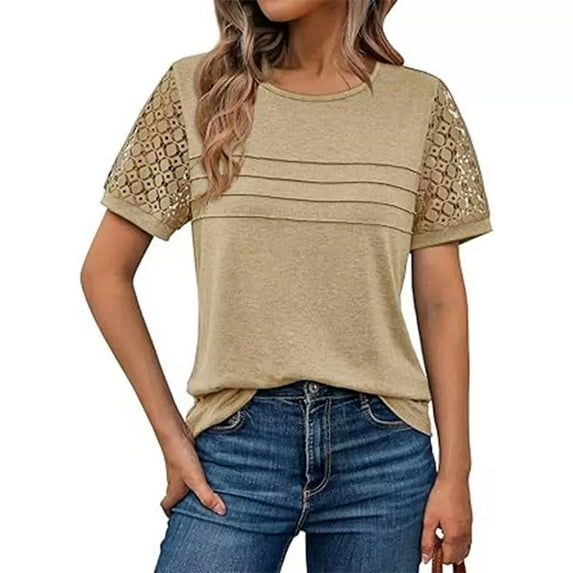 Women's Lace Trim T-Shirt, Casual Loose Fit, Round Neck, Short Sleeve Top – Available in Burgundy and Brown