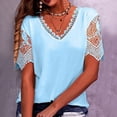 thumbnail image 1 of Women's Lace Trim T-Shirt, Deep V Neck Short Sleeve Loose Fit Casual Top, Soft Stretchy Blouse for Summer, Travel, Daily Wear and Elegant Outfits-Light Blue, 1 of 5