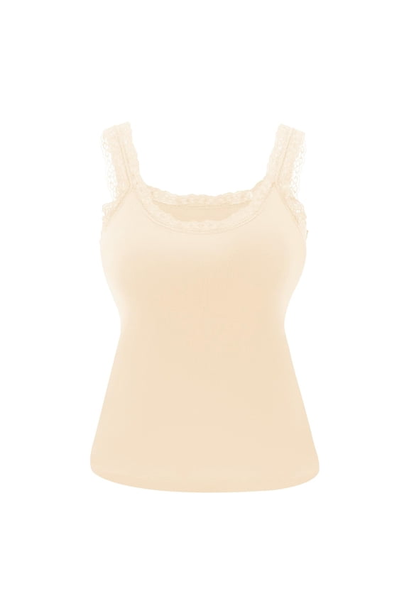 Women’s Lace Trim Tank Top Sleeveless Scoop Neck Fitted Camisole Soft Stretchy Undershirt for Daily Wear Complexion M