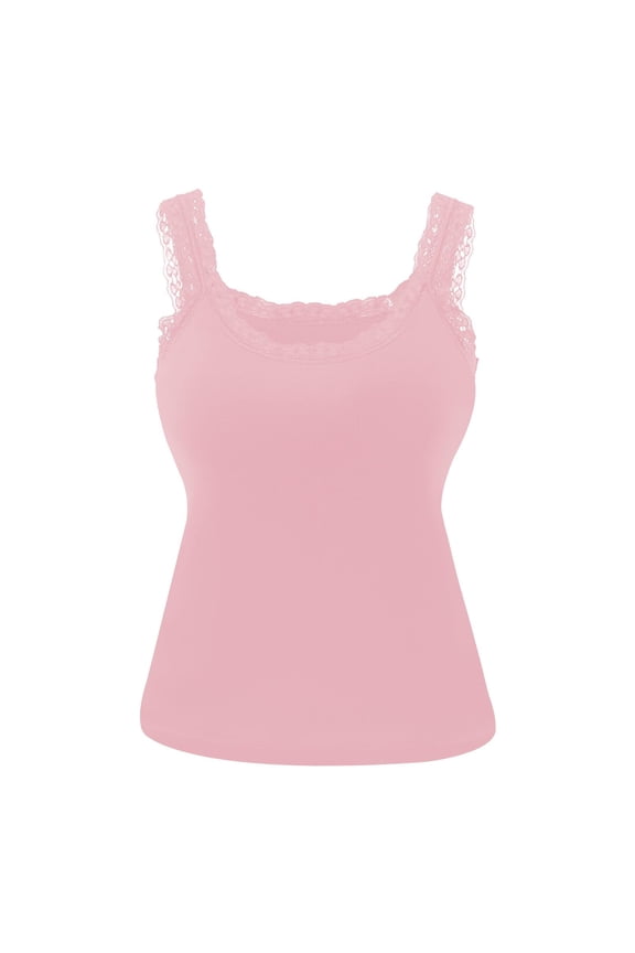 Women’s Lace Trim Tank Top Sleeveless Scoop Neck Fitted Camisole Soft Stretchy Undershirt for Daily Wear Pink L