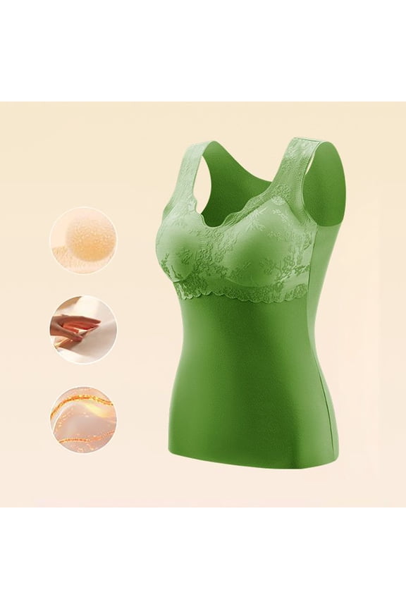 Women's Lace Trim Thermal Vest, Embossed Design with Gathered Wire-Free Support for Autumn Winter Layering and Warm Base Layer Comfort-Green