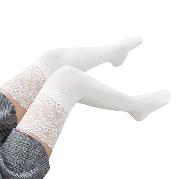 Women's Lace Trim Thigh High Over The Knee Socks, Long Cotton Warm Stockings with Vertical Stripe Design - Color White