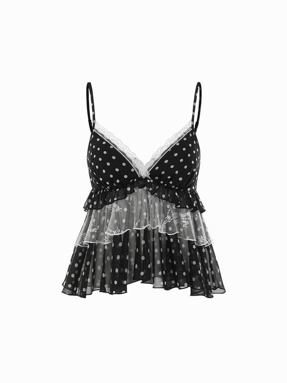 Women's Lace Trim Tiered Mesh Cami Top, Adjustable Spaghetti Strap V Neck Babydoll Ruffle Tank Top