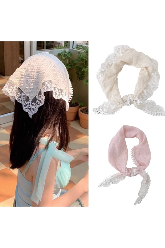 Women's Lace Trim Triangle Scarf - Flowy Chiffon Hair Wrap with Tassel Trim,Vintage French Style Hair Accessory for Beach, Travel & Outdoor Photos - Pink