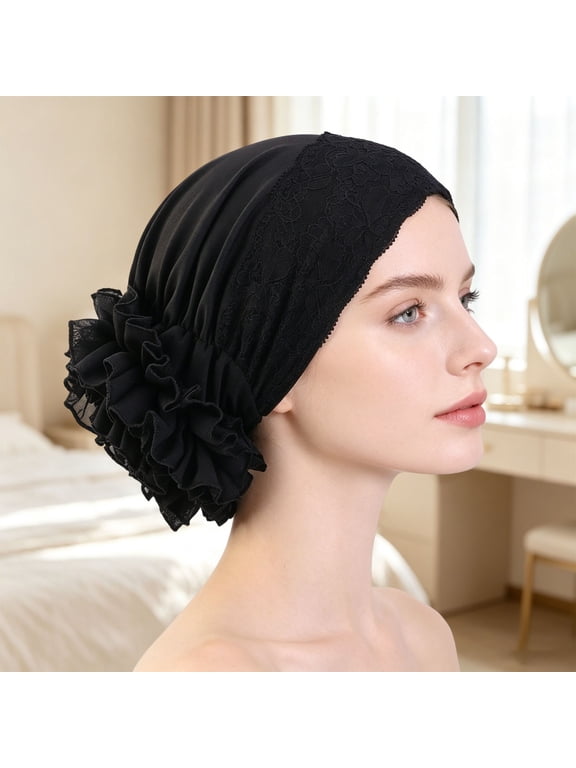 Women's Lace Trim Turban Beanie Hat, Adjustable Sleep Cap with Breathable Satin Lining, Soft Night Head Wrap for Sleeping Yoga Skincare Daily Wear Black