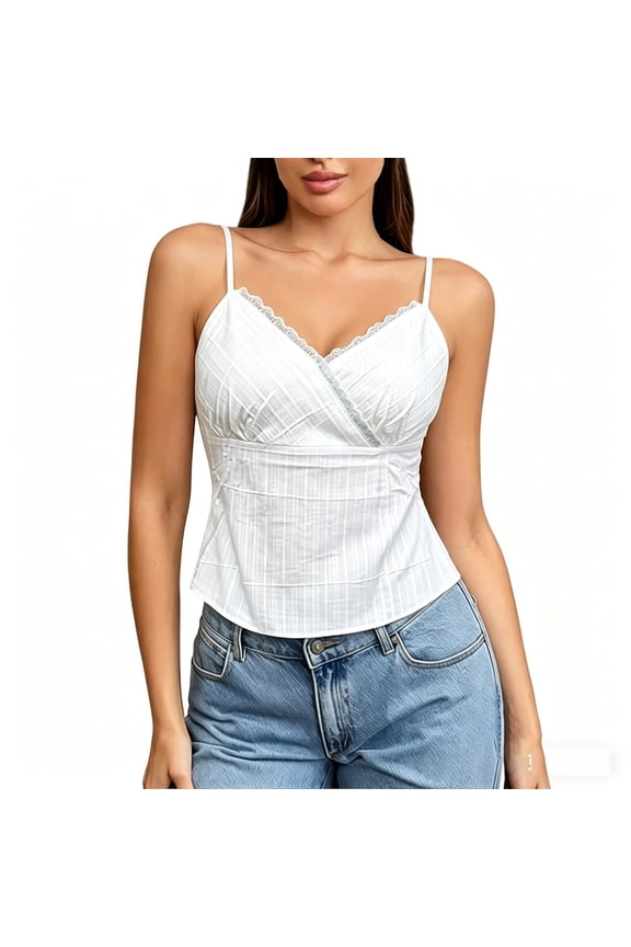 Women's Lace Trim V-Neck Camisole Smocked Waist Wrap Bust Tank Top Fashion Style Sleeveless Blouse for Casual Date Wear(White,L)