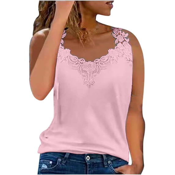 Women's Lace Trim V Neck Tank Tops Summer Sleeveless Tank Shirt Loose Casual Tunic Tops Comfy Soild Color Shirts