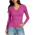 thumbnail image 1 of Women's Lace Trim V-Neck Top Ribbed Long Sleeve Slim Fit Shirt Casual Solid Color Base Layer Top,S,Hot Pink, 1 of 7