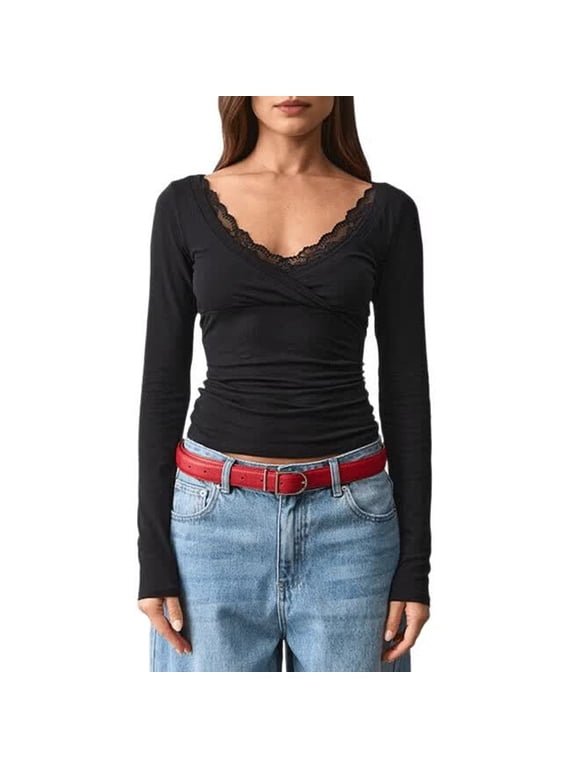 Women's Lace Trim Wrap V Neck Long Sleeve Top Ruched T-Shirt Double Lined Fitted Basic Tee Black L