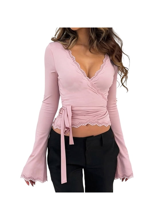 Women's Lace Trim Wrap V Neck Tie Waist Slim Crop Tops Flare Sleeve Sexy Y2K Going Out Shirts