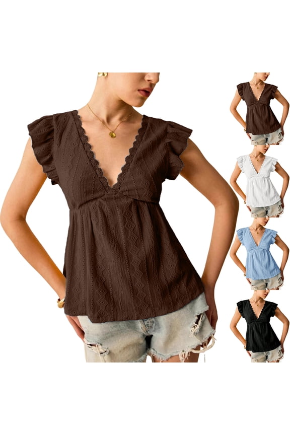 Women's Lace Trimmed V Neck Ruffled Sleeve Flared Eyelet Tank Blouse Top White XL