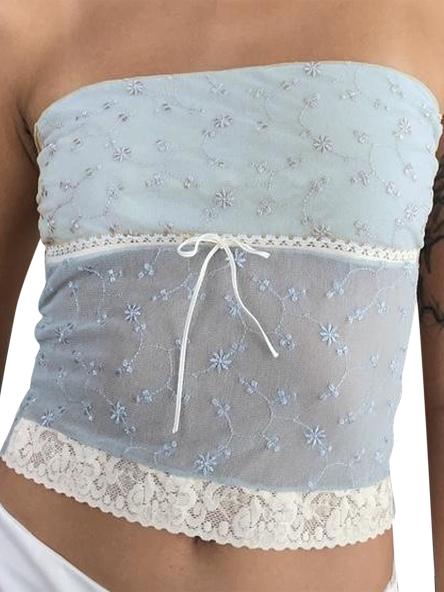 Women's Lace Tube Tops, Tie-Up Front Embroidery Bandeau Crop Tops