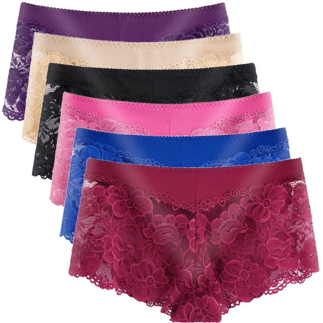 Women's Lace Underwear Plus size Boyshorts Soft Hipster Panties Comfort  Sexy Sheer Panty for Ladies, Pack of 6, Size 4XL 