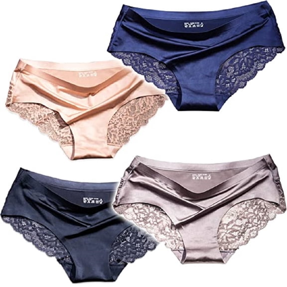Women's Lace Underwear Seamless Silky Mid Rise Panties 4 Pack
