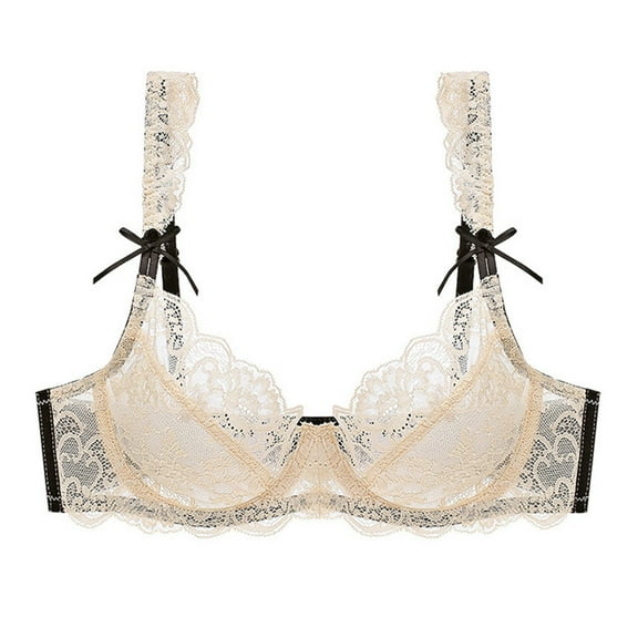 Women's Lace Underwire Bra Full Coverage Lace Bralette Everyday Balconette Bra(Beige,34D)