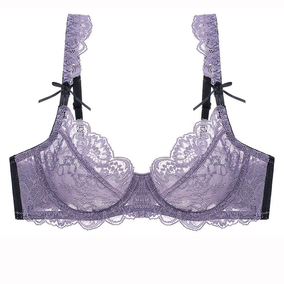 Women's Lace Underwire Bra Full Coverage Lace Bralette Everyday Balconette Bra(Purple,32D)