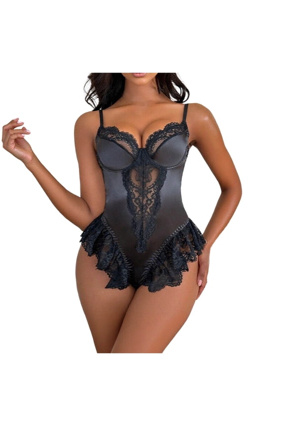 Women's Lace Underwire Lingerie Bodysuits Spaghetti Strap Backless Teddy Bodysuit One Piece Babydoll