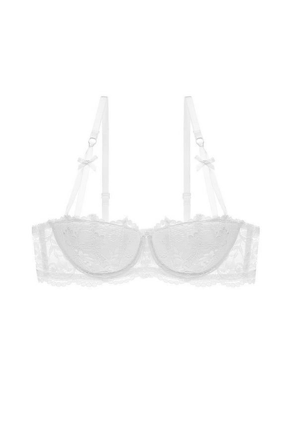 Women's Lace Unlined Balconette Demi-Cup Underwire Sheer Bra Lightly Padded (White,38D)