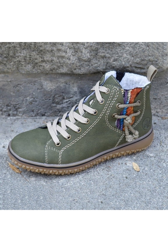 Women's Lace-Up Ankle Boots, Flat Heel Winter Boots with Side Zipper & Fur Lining, Fashion Combat Boots for Fall & Cold Weather Army Green 41