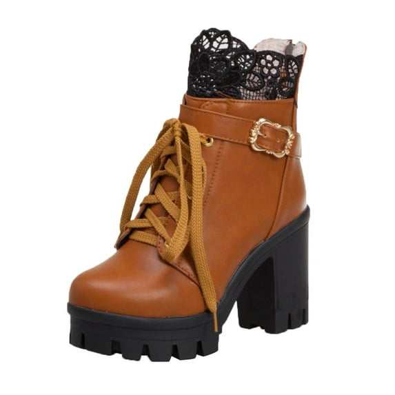 Women's Lace Up Ankle Boots Chunky Heel Buckle Block Heel Booties Comfortable Shoes Fall Winter Warm Boots Brown 41