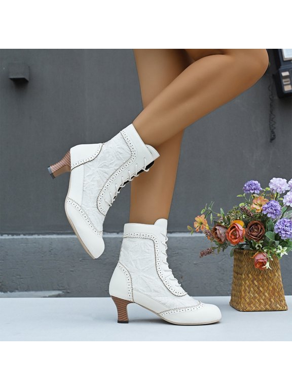 Women's Lace Up Ankle Boots Vintage Round Toe Kitten Heel Fall Booties for Wedding Party