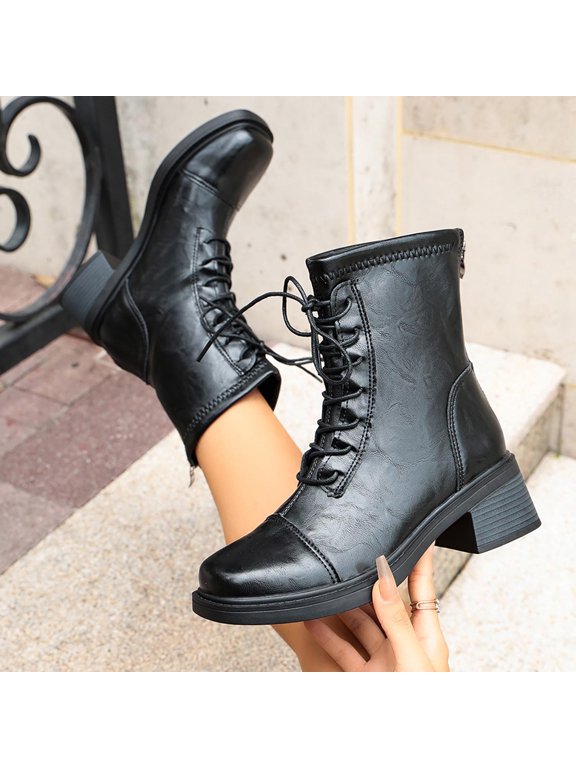 Women's Lace Up Ankle Combat Boots, Round Cap Toe Chunky Block Heel Faux Leather Boots, Back Zipper Fashion Short Boots