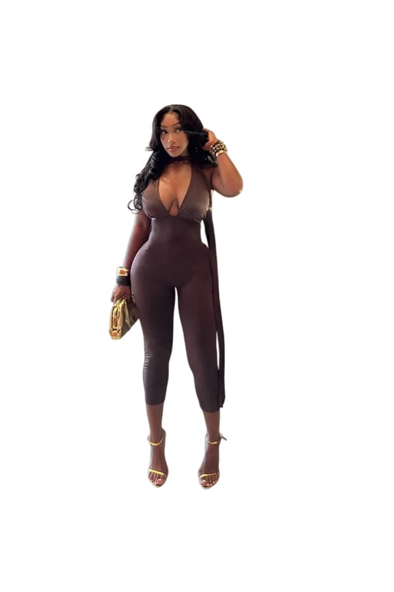 Women's Lace-Up Bandage Halter Deep V-Neck Sleeveless Backless Jumpsuits, Solid Color