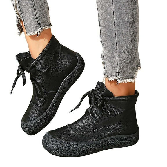 Women's Lace Up Black Leather Platform Boots Breathable Dress Fall Booties Waterproof Non Slip Work Shoes