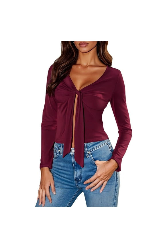 Women's Lace-Up Bow Tie Long Sleeve Slim Fit Top Shirt