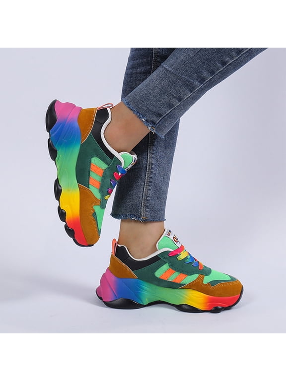 Women's Lace Up Breathable Walking Shoes, Rainbow Sole Knit Fashion Design with Cushion Sole, Trendy Sneakers for Daily Wear Gift