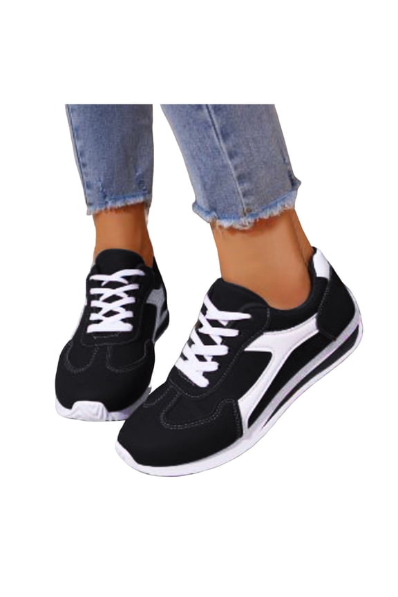 Women's Lace Up Casual Shoes Fashion Color Blocking Slip On Sneakers Retro Classic Flat Lightweight Non Slip Walking Shoes Black Size 6.5
