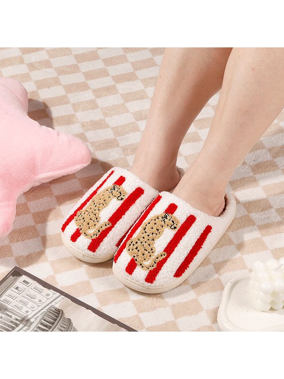 Women's Non Slip Slippers, Comfort Home Warm Striped Leopard Print Design with Cushion Sole, House Slides for Bathroom Indoor Outdoor Beach