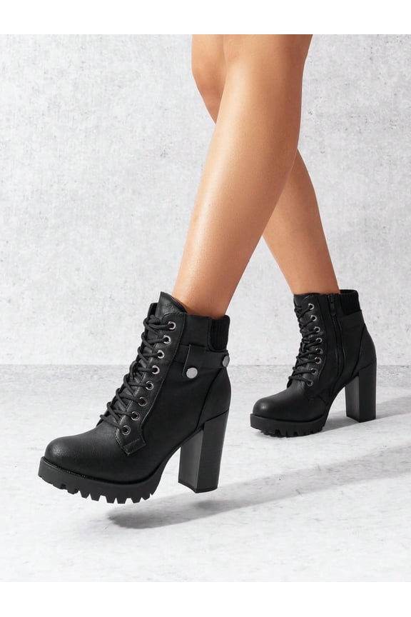 Women's Lace Up Combat Ankle Boots, High Chunky Heel Fashion Booties - Black, Women's Classic Fashion Shoes 2026